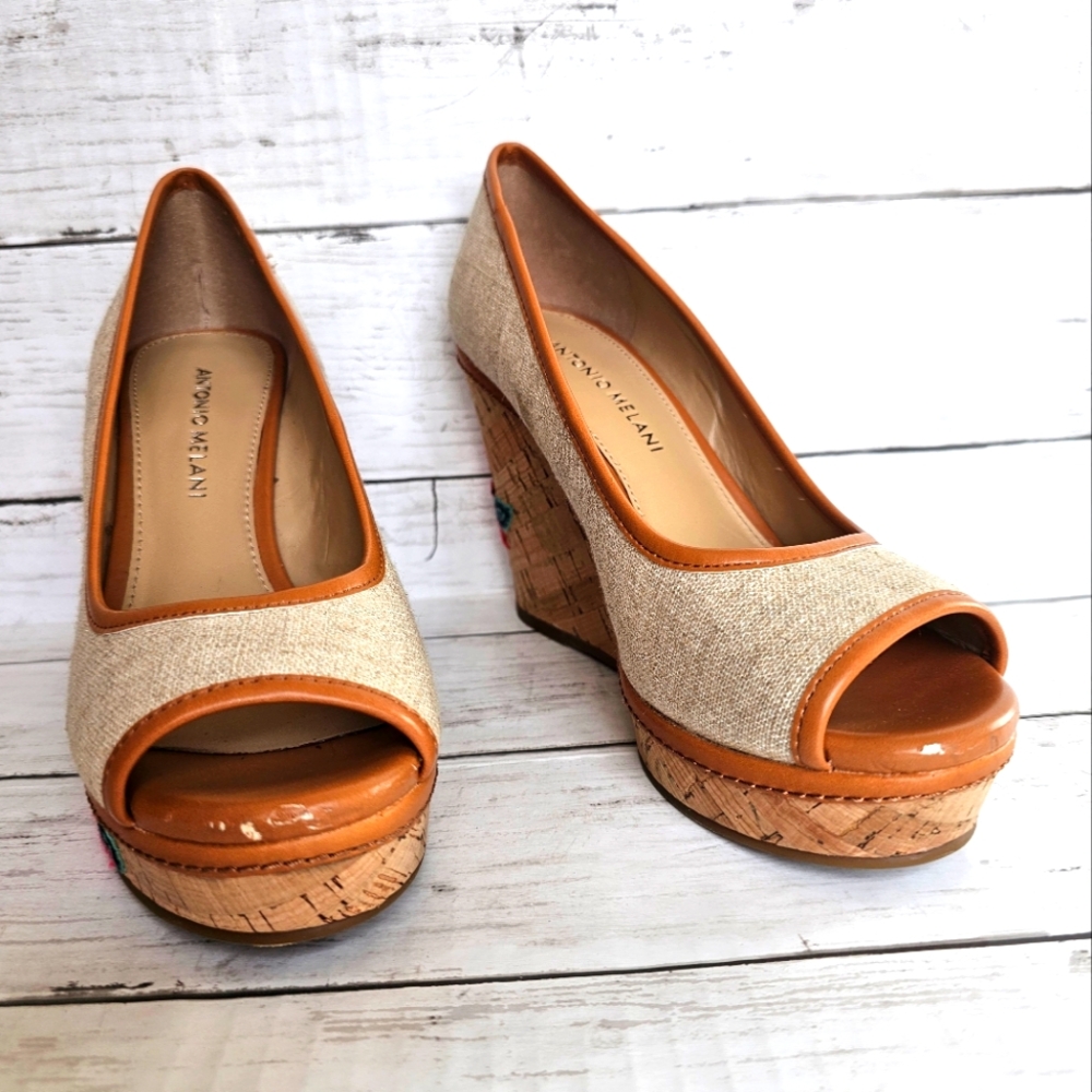 Antonio Melani Embroidered Floral Cork Wedge Sandal Heels Peep Toe Size 7.5M - Picture 15 of 17